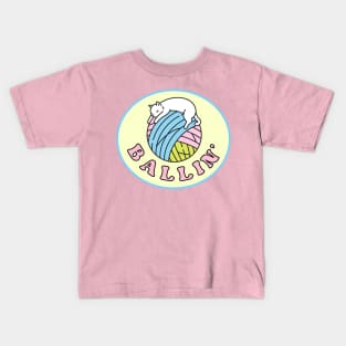 Cute White Kitty Cat Sleeping on A Yarn Ball - Pastel Colors Kids T-Shirt